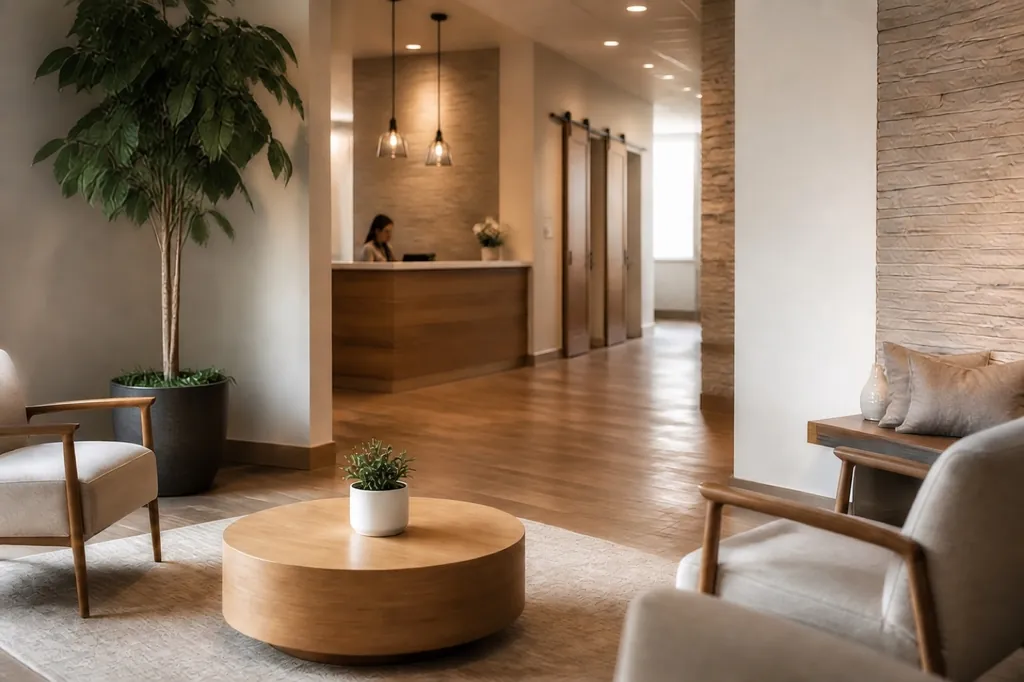 A warm wellness-practice reception area with a clear path to the front desk.