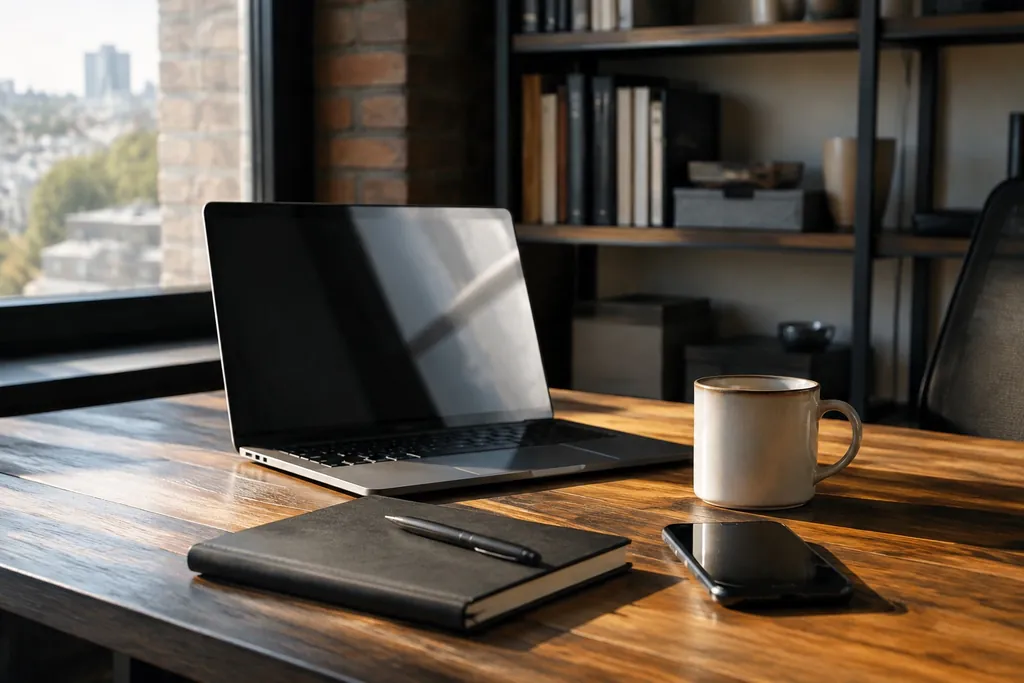 An owner’s desk with a laptop, notes, phone, and coffee in active use.