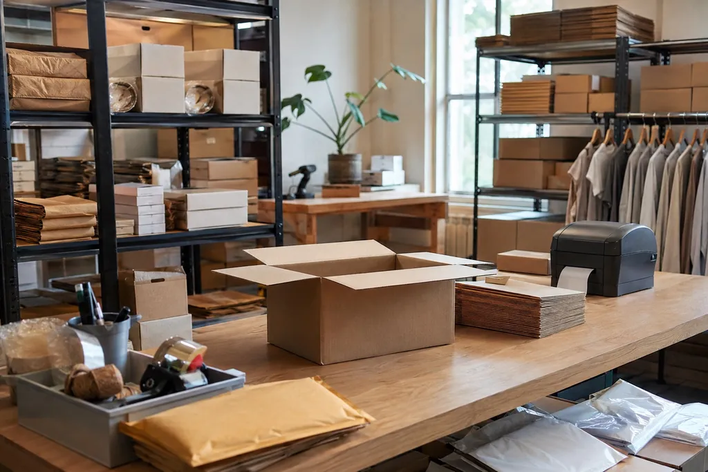 A working inventory and packing area with shelves, cartons, and equipment.