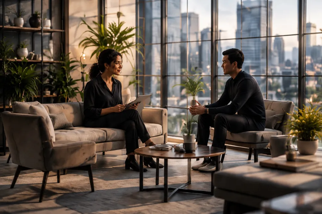 Two professionals discussing client work in a modern office meeting space.
